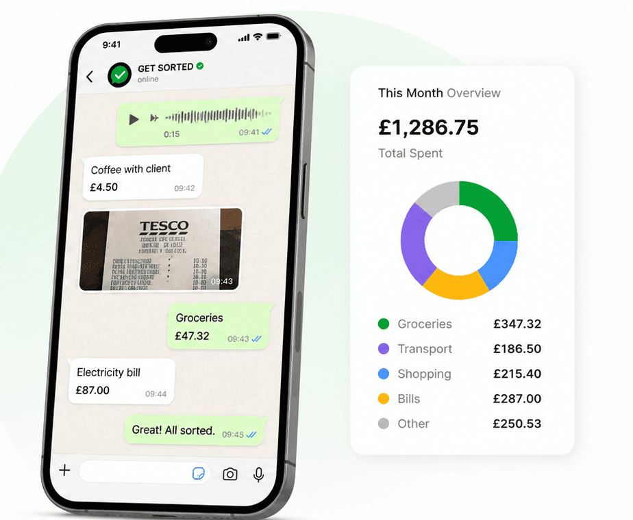 Get Sorted shown on a phone as a WhatsApp chat, next to a monthly spending overview card